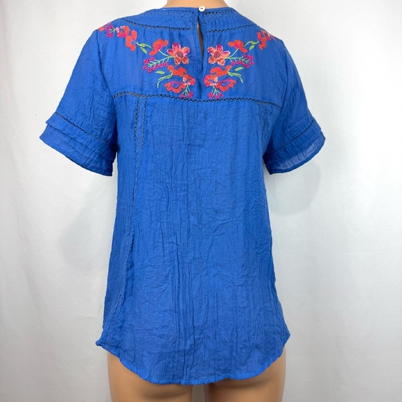 Umgee Women’s Small Gauzy Boho Blue Tunic Top Embroidered Flowers Short Sleeve - Picture 5 of 14
